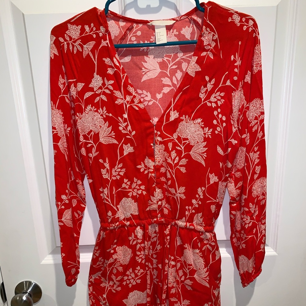Red with white floral print long sleeve romper